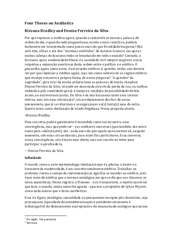 (PDF) Four Theses on Aesthetics - Tradução do texto de Rizvana Bradley ...