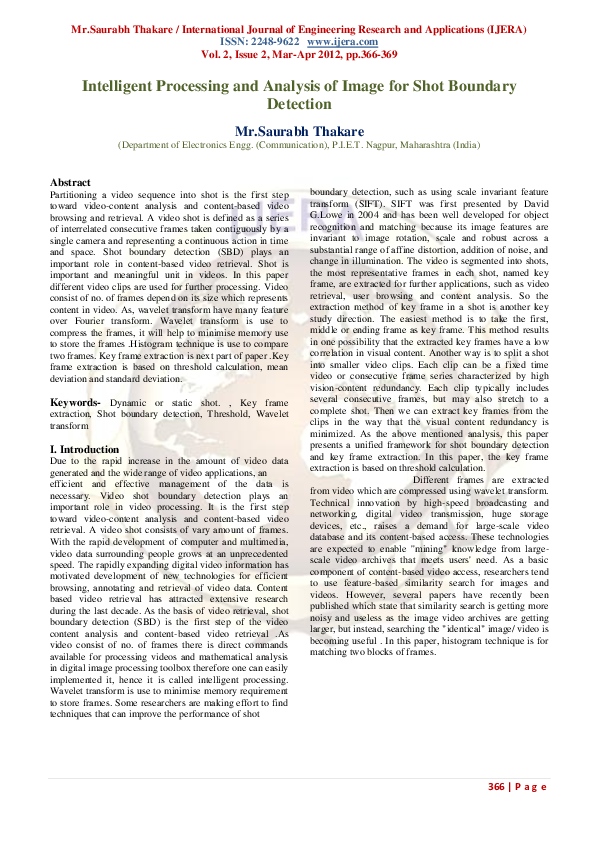 (PDF) Intelligent Processing and Analysis of Image for Shot Boundary ...