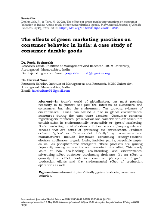 (PDF) effects of green marketing practices on consumer behavior in India