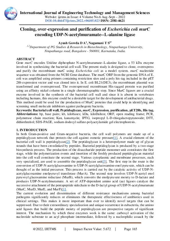 (PDF) Cloning, over-expression and purification of Escherichia coli ...