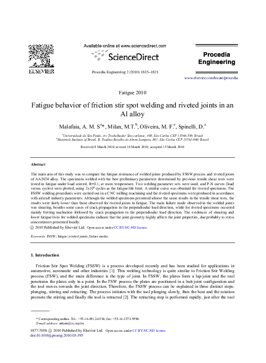 (PDF) Fatigue behavior of friction stir spot welding and riveted joints ...