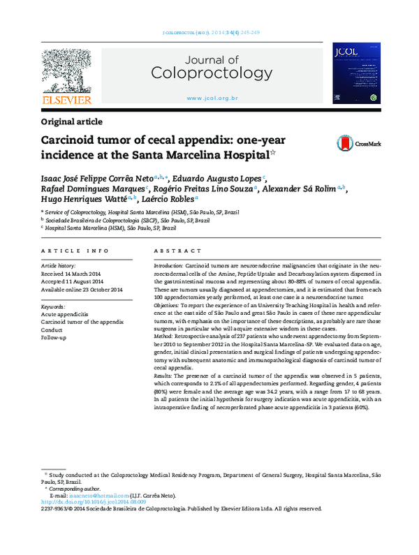 (PDF) Carcinoid tumor of cecal appendix: one-year incidence at the ...