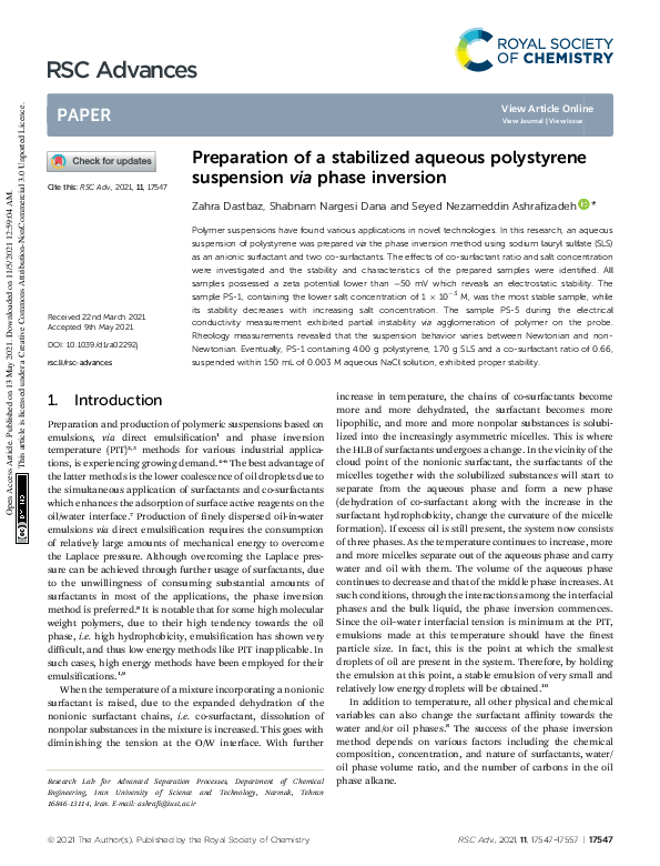 (PDF) Preparation of a stabilized aqueous polystyrene suspension via ...