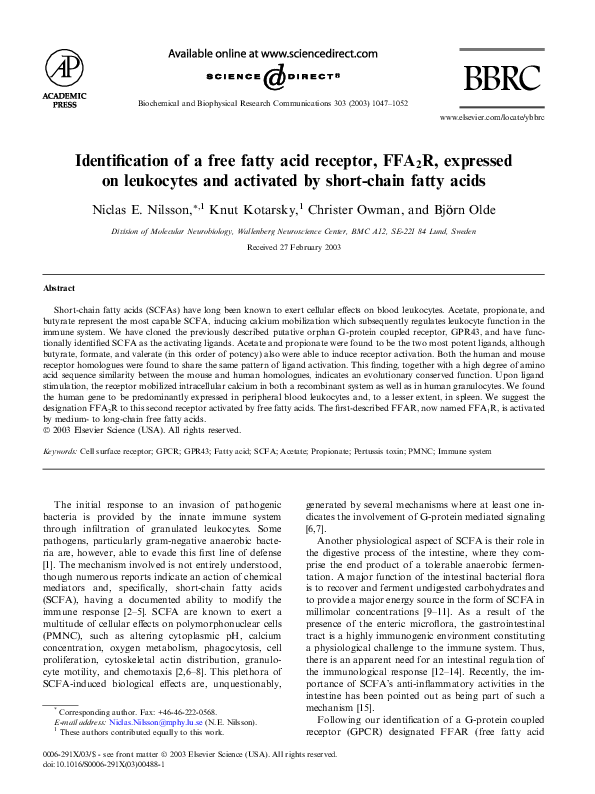 (PDF) Identification of a free fatty acid receptor, FFA2R, expressed on ...