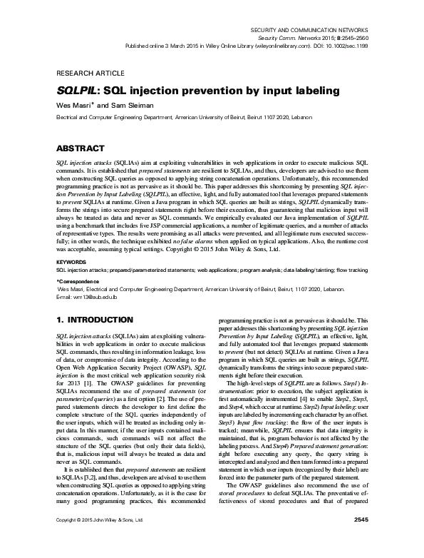 (PDF) SQLPIL: SQL injection prevention by input labeling