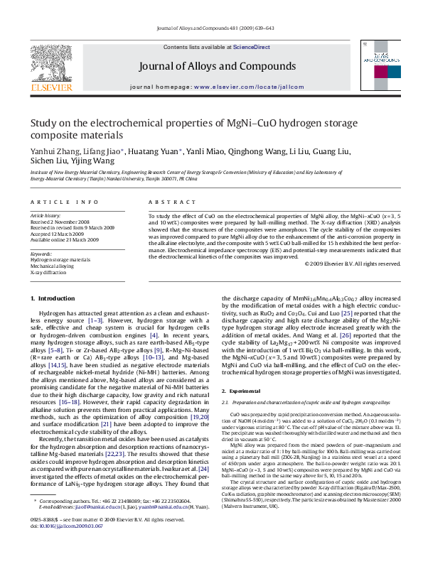 (PDF) Study on the electrochemical properties of MgNi–CuO hydrogen ...
