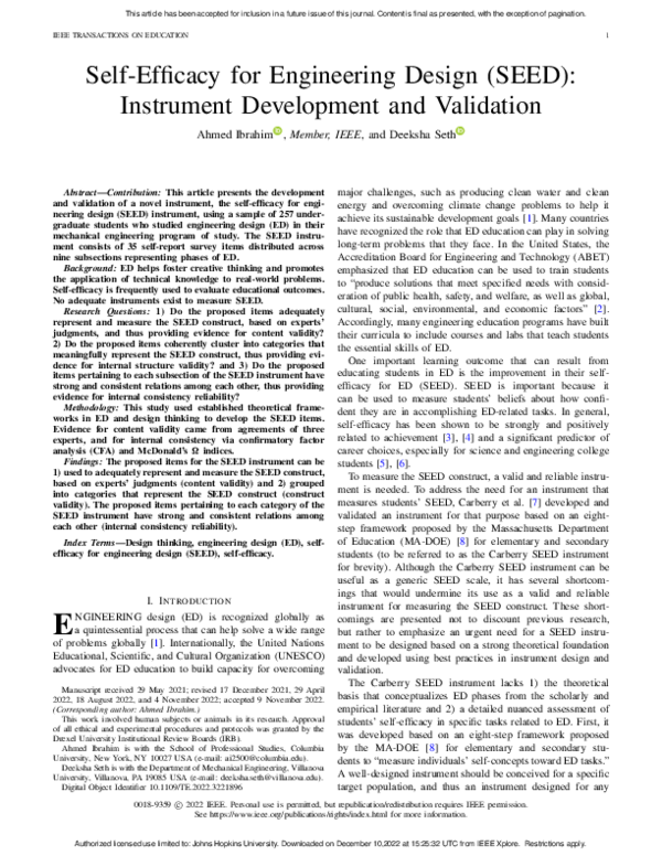 (PDF) Self-Efficacy for Engineering Design (SEED): Instrument ...