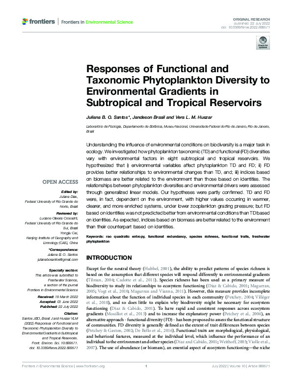 (PDF) Responses of Functional and Taxonomic Phytoplankton Diversity to ...