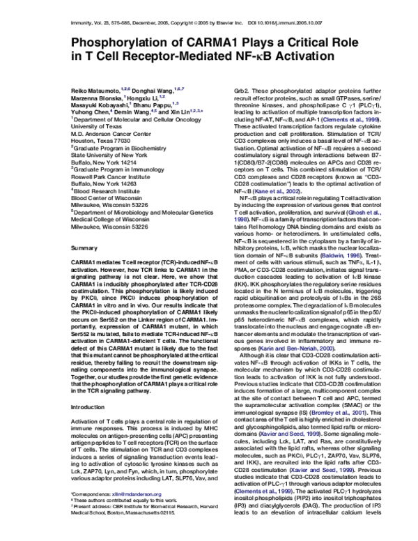 (PDF) Phosphorylation of CARMA1 Plays a Critical Role in T Cell ...