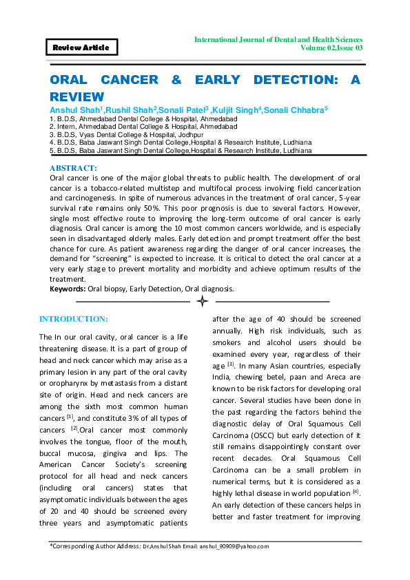 (PDF) Oral Cancer & Early Detection: A Review