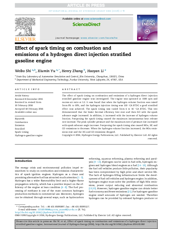 (PDF) Effect of spark timing on combustion and emissions of a hydrogen ...