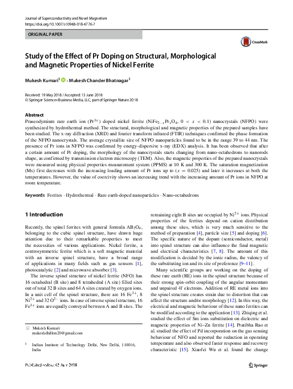 (PDF) Study of the Effect of Pr Doping on Structural, Morphological and ...