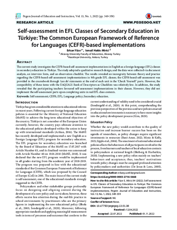 (PDF) Self-assessment in EFL Classes of Secondary Education in Türkiye ...