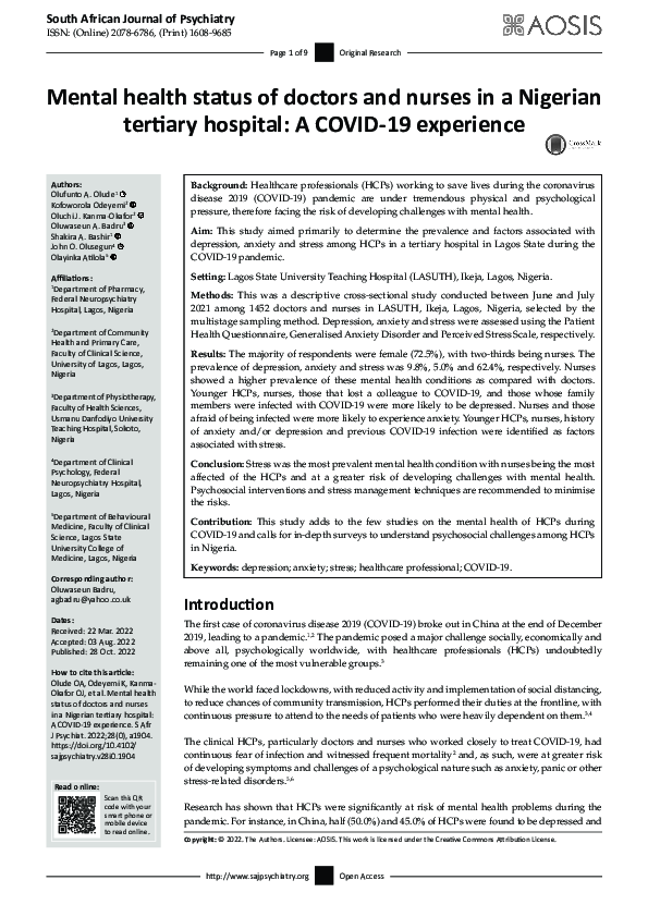 (PDF) Mental health status of doctors and nurses in a Nigerian tertiary ...