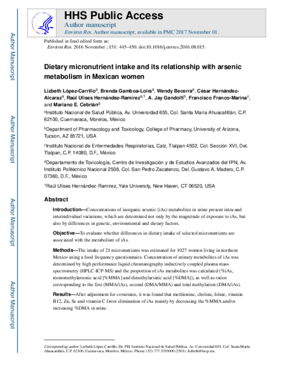 (PDF) Dietary micronutrient intake and its relationship with arsenic ...