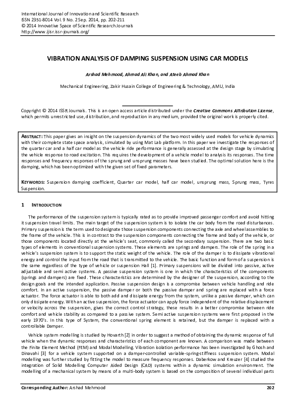 (PDF) Vibration Analysis of Damping Suspension Using Car Models