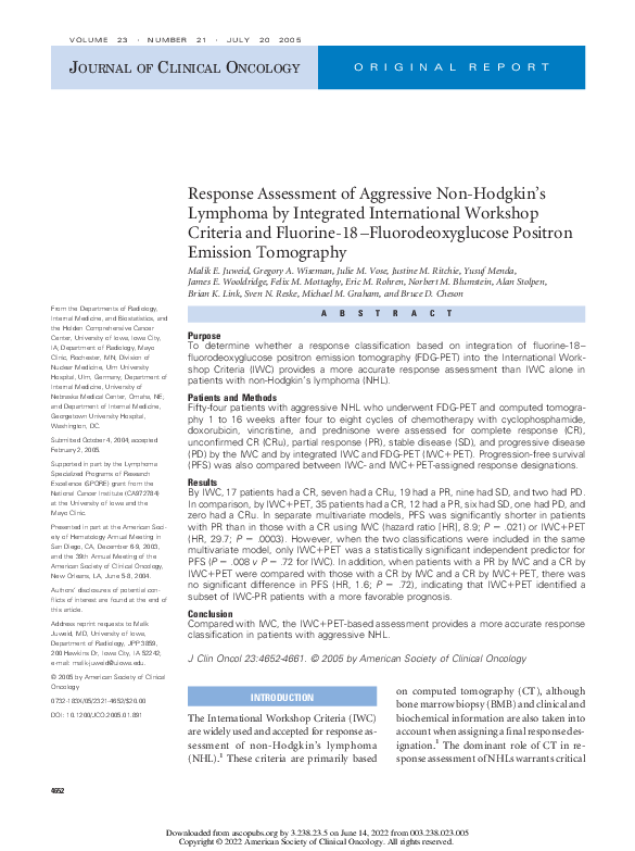 (PDF) Response Assessment of Aggressive Non-Hodgkin’s Lymphoma by ...