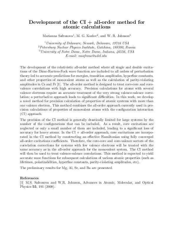 (PDF) Development of the CI+ all-order method for atomic calculations