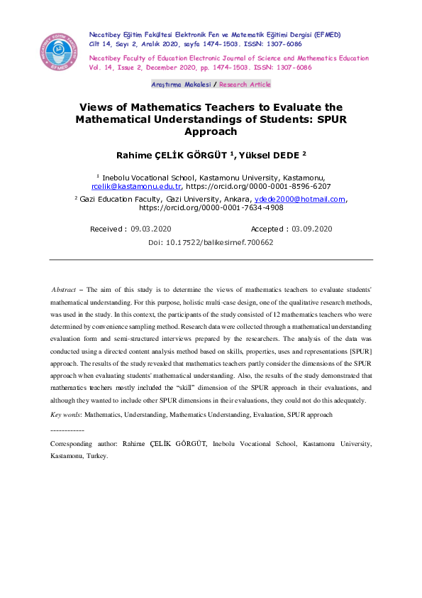 First page of “Matematik Öğretmenlerinin Öğrencilerin Matematiksel Anlamalarının Değerlendirilmesine Yönelik Görüşleri: SPUR Yaklaşımı”