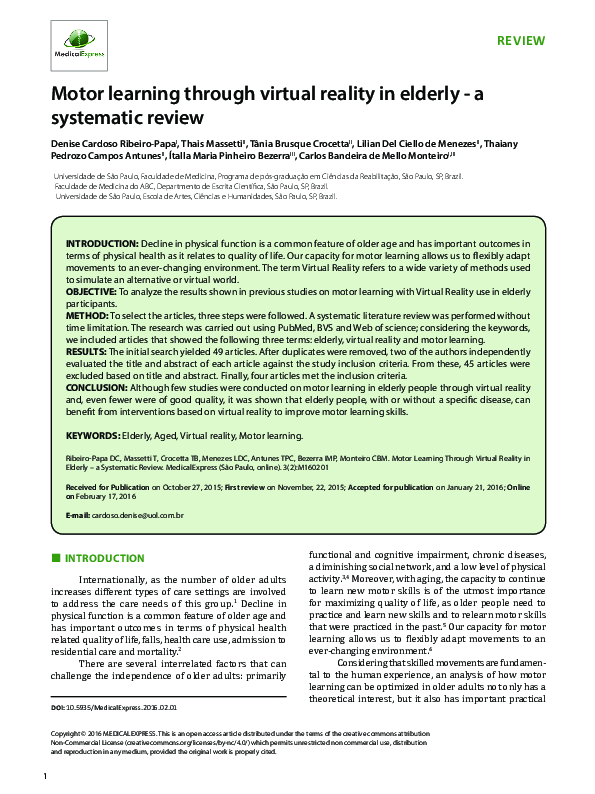 (PDF) Motor learning through virtual reality in elderly - a systematic ...