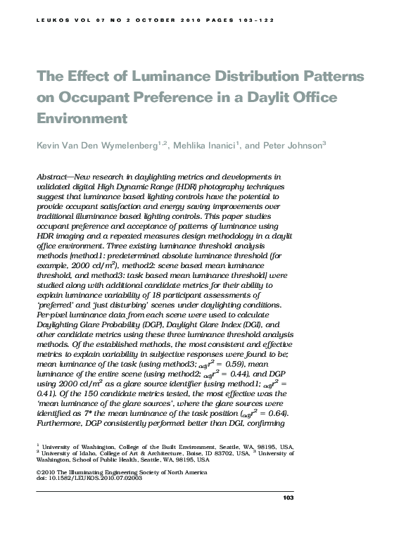 (PDF) The Effect of Luminance Distribution Patterns on Occupant ...