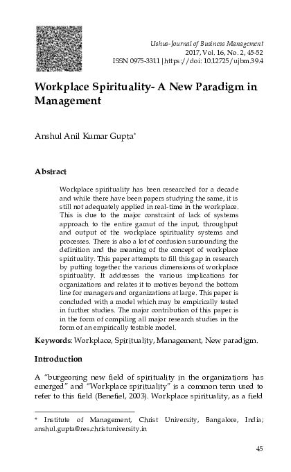 (PDF) Workplace Spirituality- A New Paradigm in Management