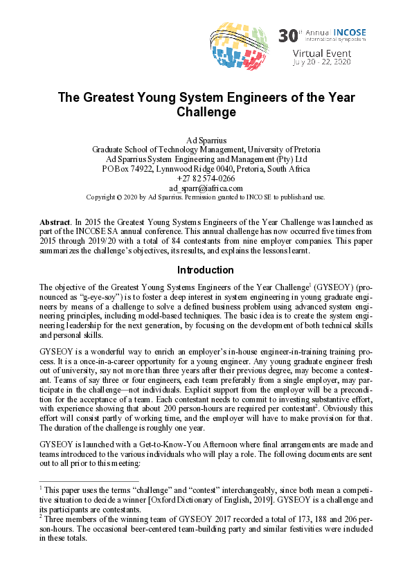 (PDF) The Greatest Young System Engineers of the Year Challenge