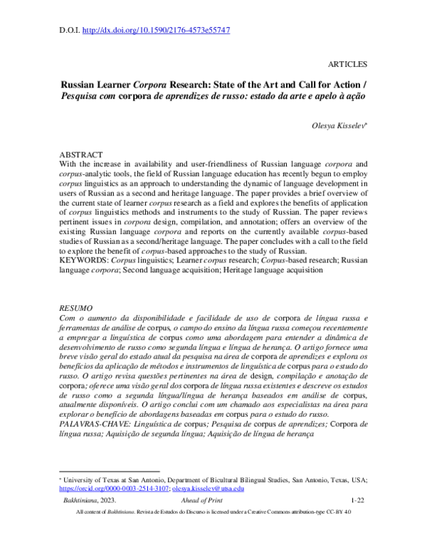(PDF) Russian Learner Corpora Research: State of the Art and Call for ...