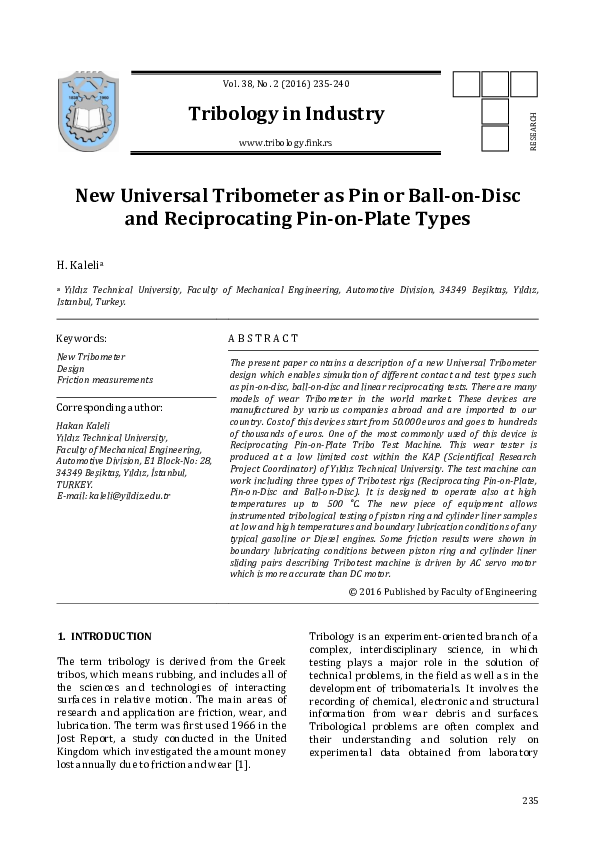 (PDF) New Universal Tribometer as Pin or Ball on Disc and Reciprocating ...