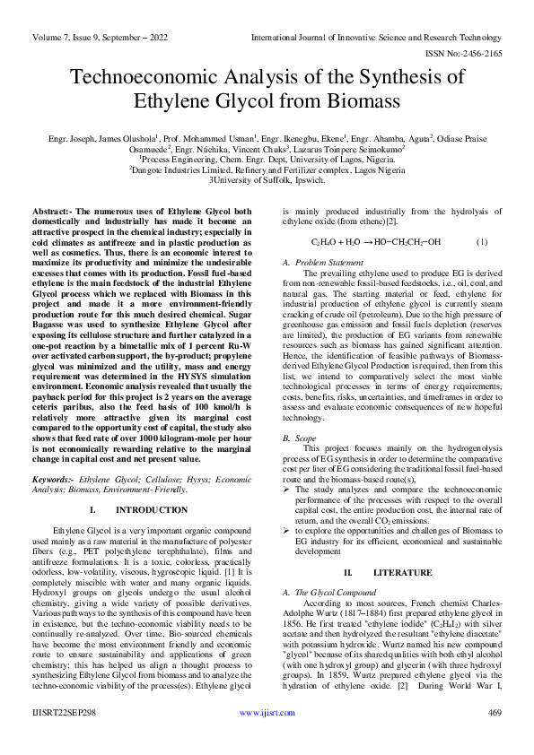 (PDF) Technoeconomic Analysis of the Synthesis of Ethylene Glycol from ...