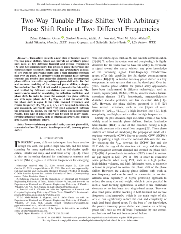 (PDF) Two-Way Tunable Phase Shifter With Arbitrary Phase Shift Ratio at ...