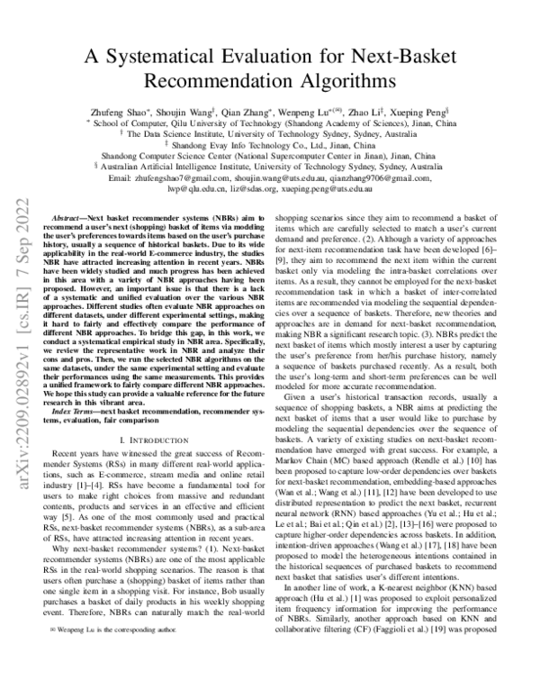 (PDF) A Systematical Evaluation for Next-Basket Recommendation Algorithms