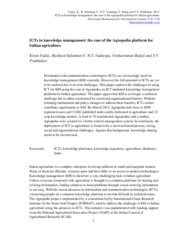 (PDF) ICTs in knowledge management: the case of the Agropedia platform ...