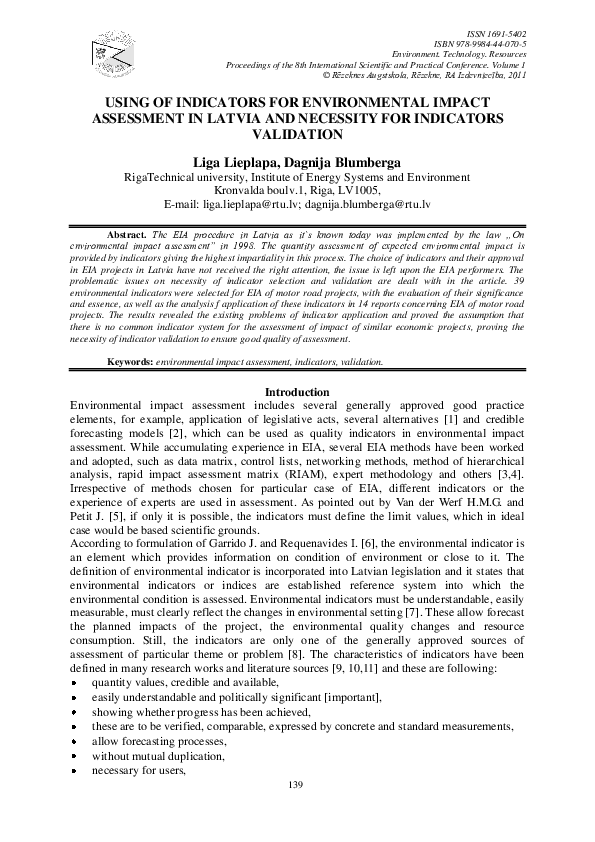 (PDF) Using of Indicators for Environmental Impact Assessment in Latvia ...