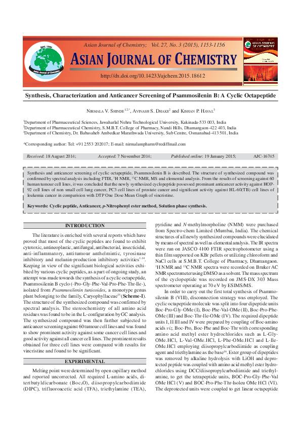 (PDF) Synthesis, characterization and anticancer screening of some ...