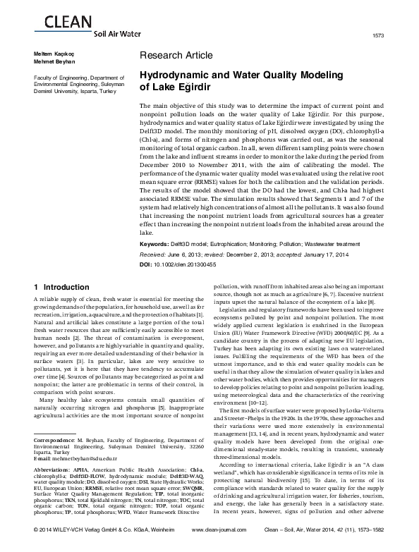 (PDF) Hydrodynamic and Water Quality Modeling of Lake Eğirdir