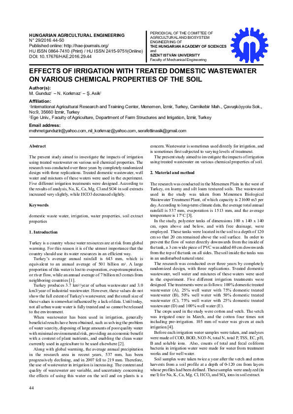 (PDF) Effects of irrigation with treated domestic wastewater on various ...