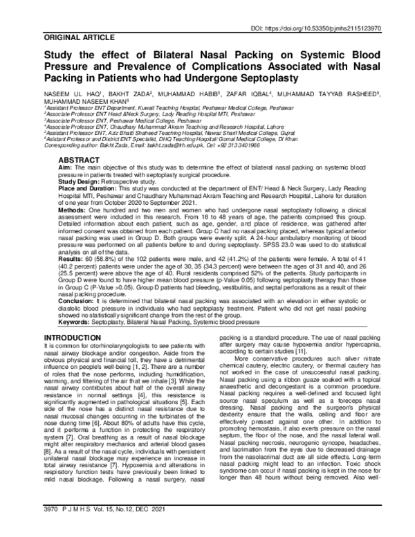 (PDF) Study the effect of Bilateral Nasal Packing on Systemic Blood ...
