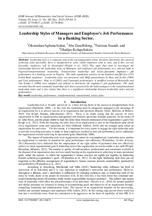 (PDF) Leadership Styles of Managers and Employee ’ s Job Performance in ...