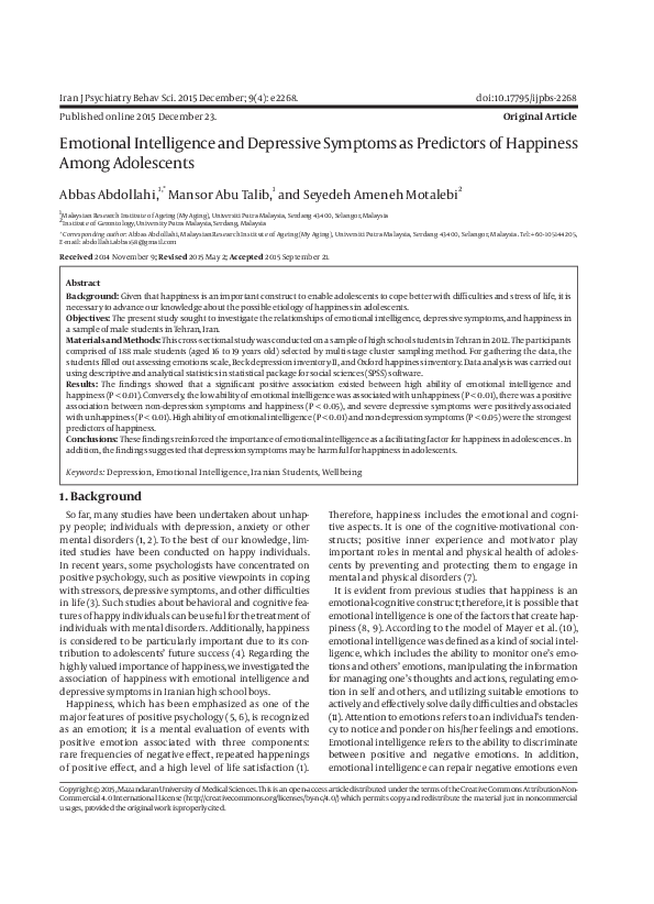 (PDF) Emotional Intelligence and Depressive Symptoms as Predictors of ...