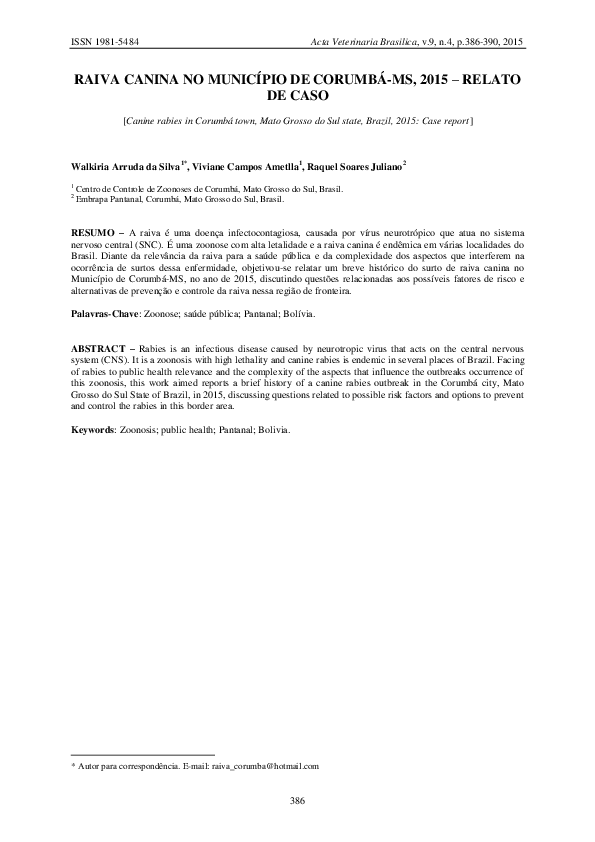 (PDF) RAIVA CANINA NO MUNICÍPIO DE CORUMBÁ-MS, 2015 - RELATO DE CASO ...