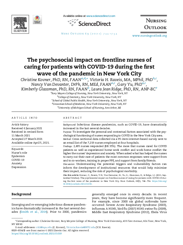 (PDF) The psychosocial impact on frontline nurses of caring for ...