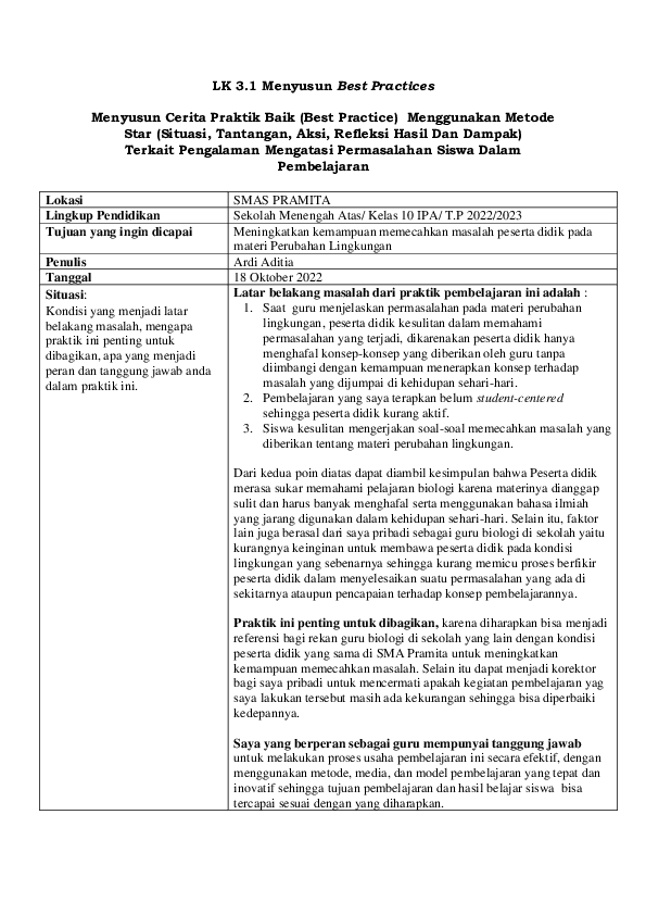 (PDF) Menyusun Best Practices Metode STAR Materi Perubahan Lingkungan