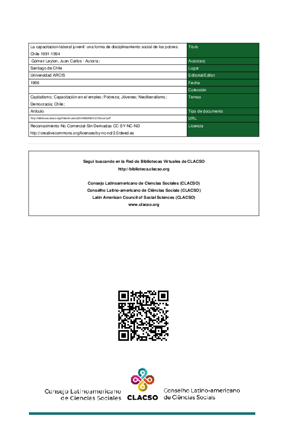 La Capacitacion Laboral Juvenil: Una Forma De Disciplinamiento Social De Los Pobres. Chile 1991-1994