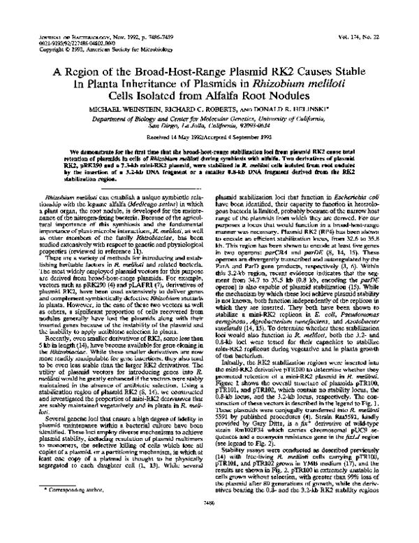(PDF) A Region oftheBroad-Host-Range Plasmid RK2 CausesStable InPlanta ...