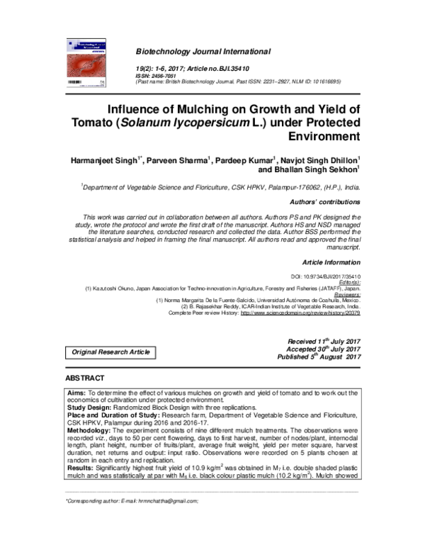 (PDF) Influence of Mulching on Growth and Yield of Tomato (Solanum ...