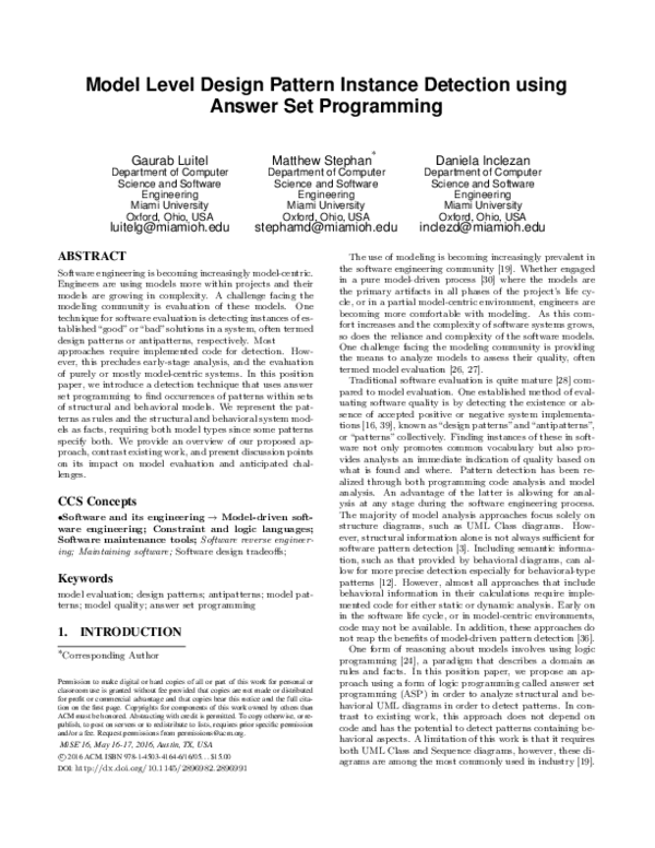 (PDF) Detection of Design Patterns in Models using ASP