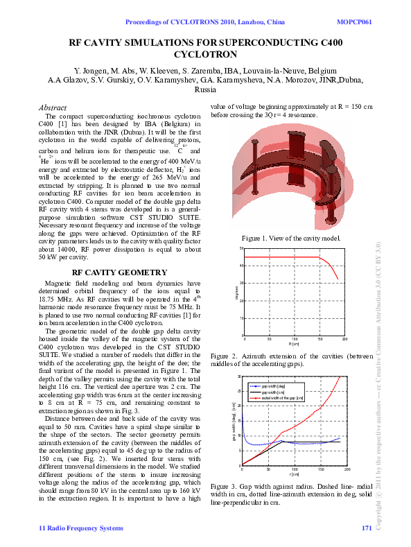 (PDF) RF Cavity Simulations for Superconducting C400 Cyclotron
