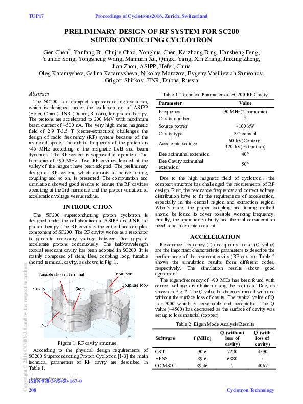 (PDF) Preliminary Design of RF System for SC200 Superconducting Cyclotron