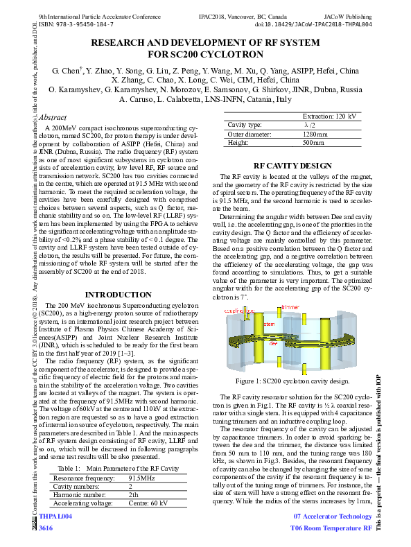 (PDF) Research and Development of RF system for SC200 cyclotron
